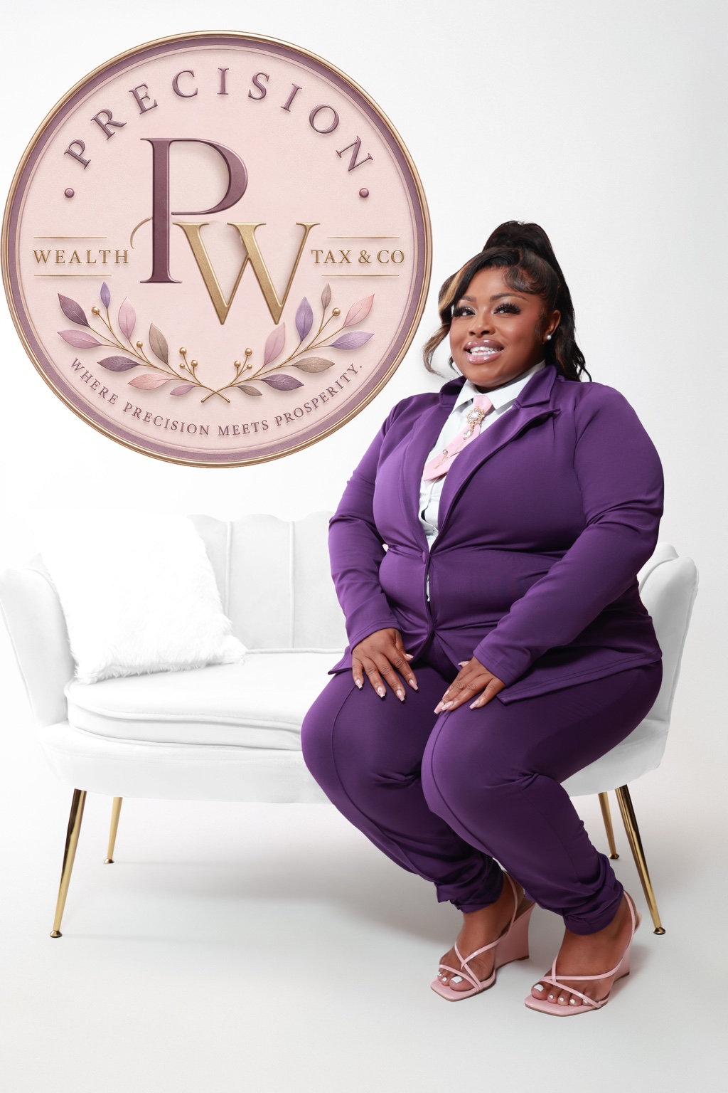 Ashley Lovejoy beside the Precision Wealth logo